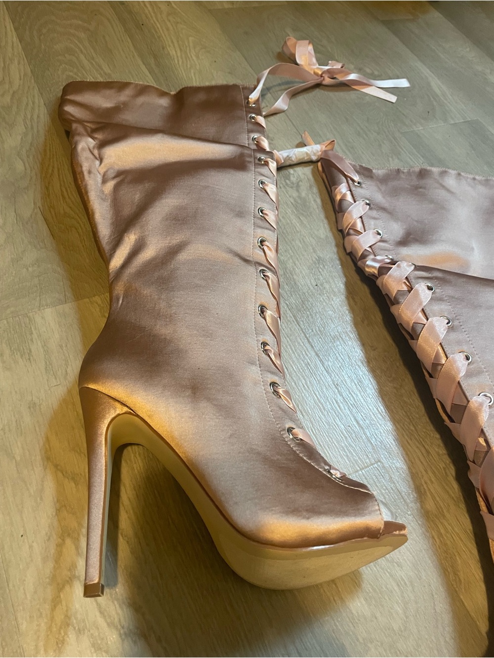 Satin Lace-Up Knee-High Stiletto Boots in Blush Pink Dollycore
